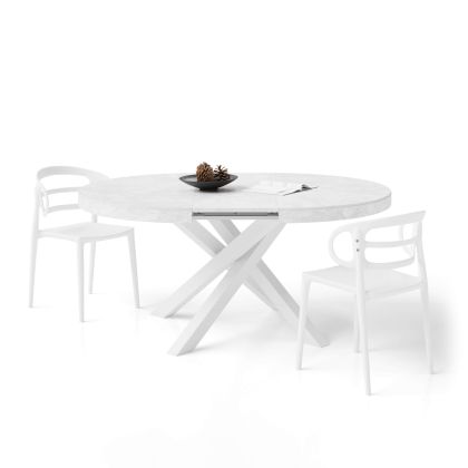 Mesa redonda extensible Emma en blanco cemento con patas cruzadas blancas