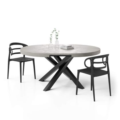 Emma Round Extendable Table, 120-160 cm, Concrete Effect, Grey with Black crossed legs main image