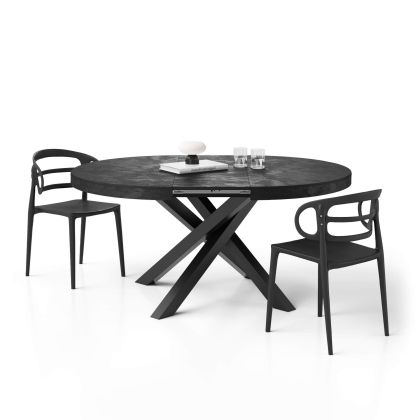 Runder ausziehbarer Tisch Emma, ​​Schwarzer Beton mit gekreuzten Schwarzen Beinen Hauptbild