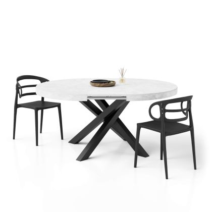 Mesa redonda extensible Emma en blanco cemento con patas cruzadas negras