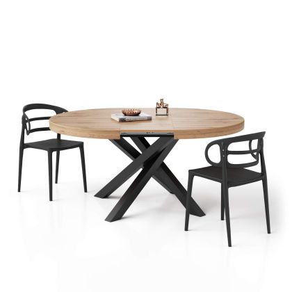Mesa redonda extensible Emma 120-160 cm en color madera rústica con patas cruzadas negras imagen principal