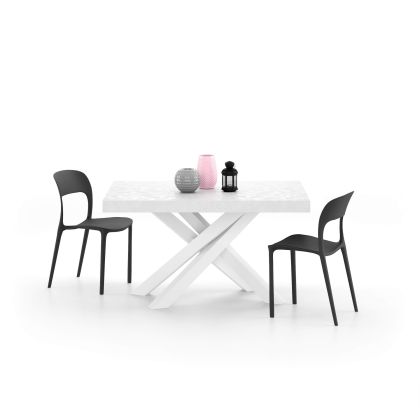 Table extensible Emma 140, Blanc Béton, avec pieds blancs croisés