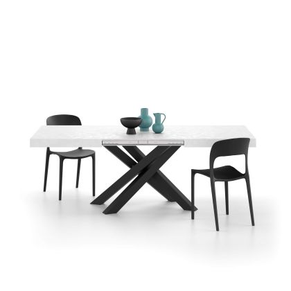 Emma 140 Extendable Dining Table, Concrete White with Black Crossed Legs