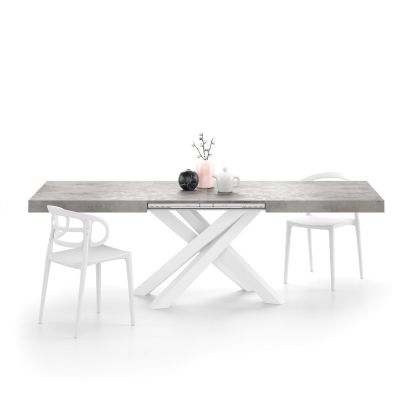 Table extensible Emma 160, Gris Béton, avec pieds blancs croisés