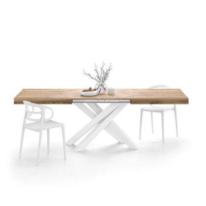 Table extensible Emma 160, Bois Rustique, avec pieds blancs croisés