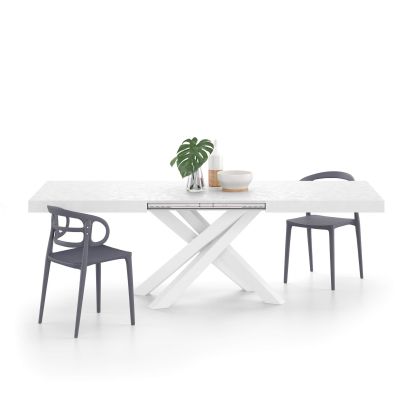 Emma 160 Extendable Dining Table, Concrete White with White Crossed Legs