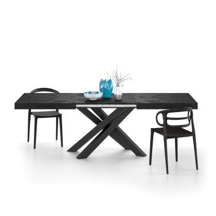 Table extensible Emma 160, Noir Béton avec pieds noirs croisés