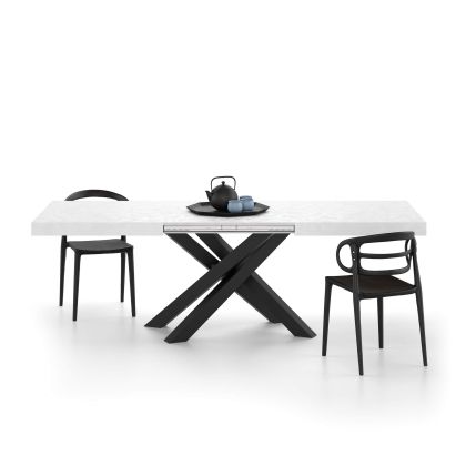 Table extensible Emma 160, Blanc Béton, avec pieds noirs croisés
