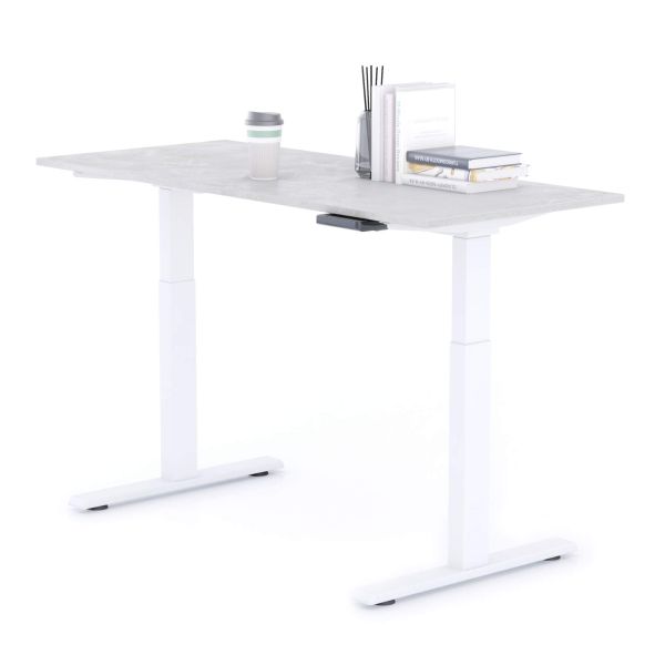 Clara Electric Standing Desk 140x60 Concrete Effect, Grey with White Legs detail image 1