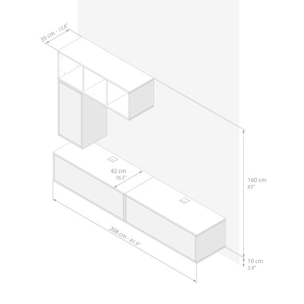 Iacopo Living Room Wall Unit 5, Oak, 208x42x160 cm technical image 1