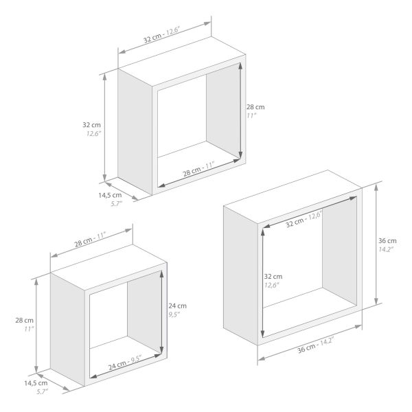 Cubi Quadrati Giuditta, Set da 3, Rovere Rustico immagine tecnica 1