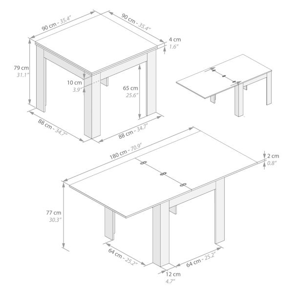 Tavolo Quadrato Allungabile a libro Eldorado, 90x(180)x90 cm, Bianco Frassino immagine tecnica 1