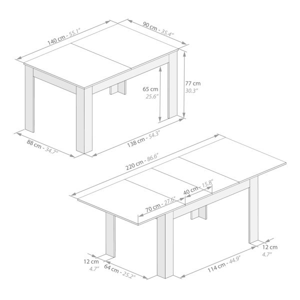 Mesa extensível de Cozinha, Easy, 140(220)x90 cm, Nogueira imagem técnica 1
