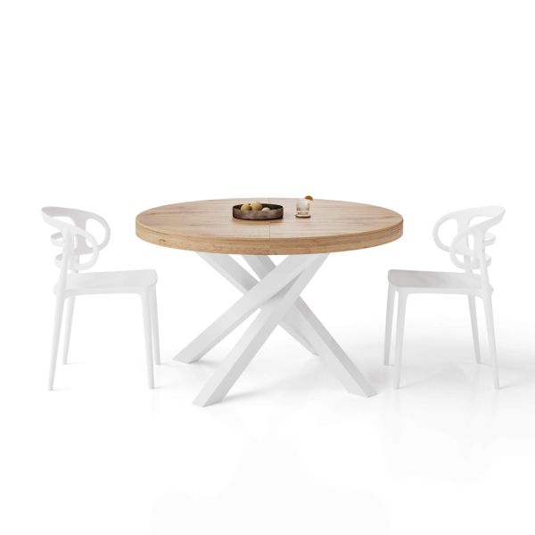 Mesa redonda extensível Emma 120-160 cm em cor madeira rústica com pernas cruzadas brancas imagem de pormenor 1