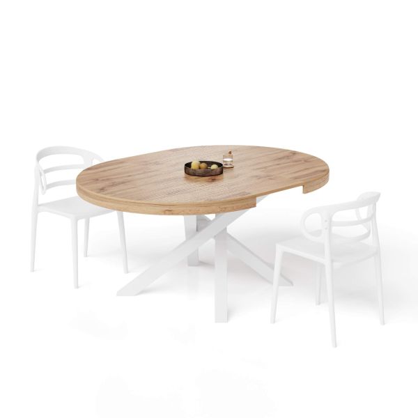 Mesa redonda extensível Emma 120-160 cm em cor madeira rústica com pernas cruzadas brancas imagem de pormenor 3