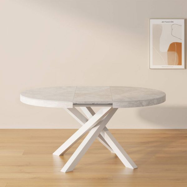 Table ronde extensible Emma, 120-160 cm, Blanc Béton avec pieds blancs croisés image de l'ensemble 1