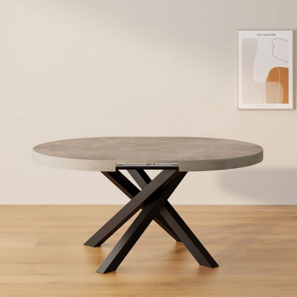 Table ronde extensible Emma, Gris Béton, avec pieds noirs croisés image de l'ensemble 1