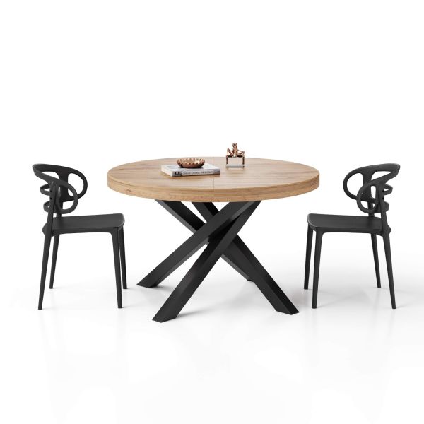 Mesa redonda extensível Emma 120-160 cm em cor madeira rústica com pernas cruzadas pretas imagem de pormenor 1