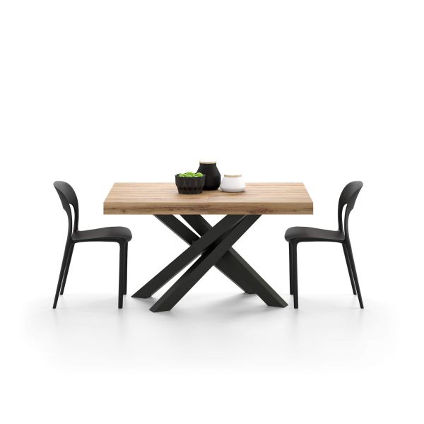 Emma 140(220)x90 cm uitschuifbare tafel, rustiek eiken met zwarte kruispoten detailafbeelding 1