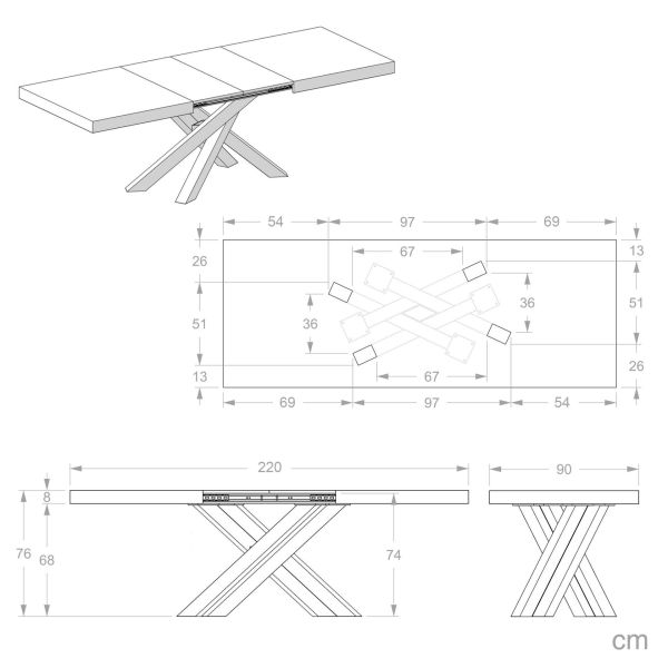 Emma 140(220)x90 cm Extendable Table, Concrete Effect, White with White Crossed Legs technical image 3