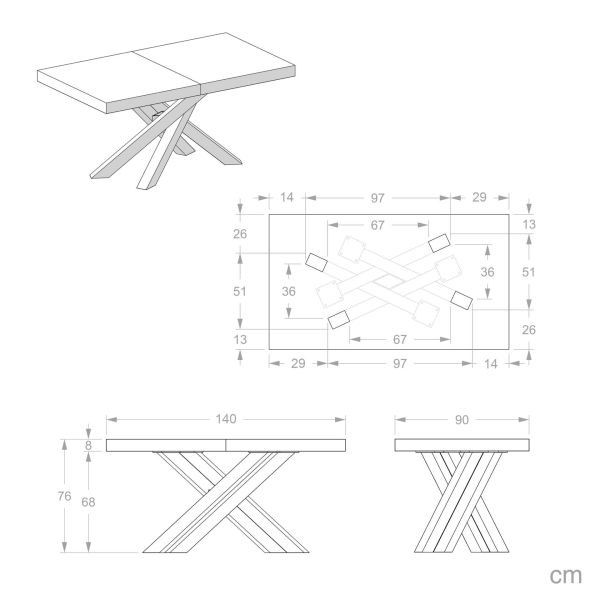 Emma 140(220)x90 cm Extendable Table, Concrete Effect, White with White Crossed Legs technical image 2