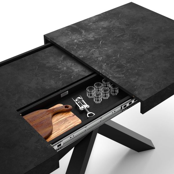 Emma 140 Extendable Table, Concrete Black Effect with Black Crossed Legs detail image 2