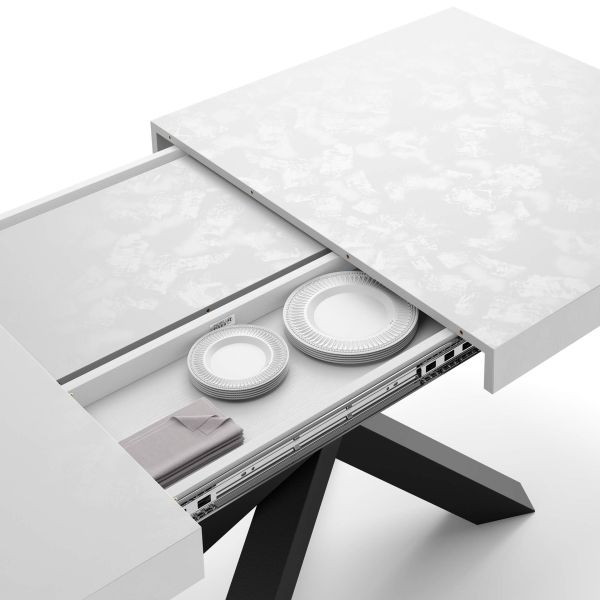 Mesa extensible Emma 140, color cemento blanco con patas cruzadas negras imagen detalles 2