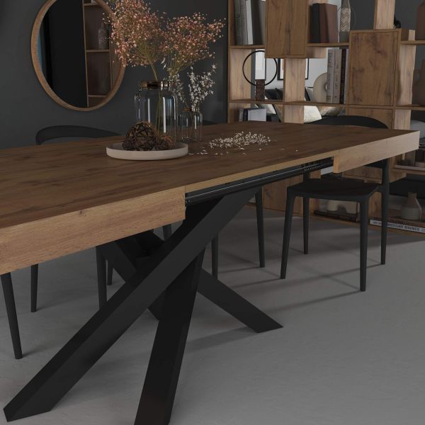 Emma 160 uitschuifbare tafel, rustiek eiken met zwarte kruispoten set afbeelding 1