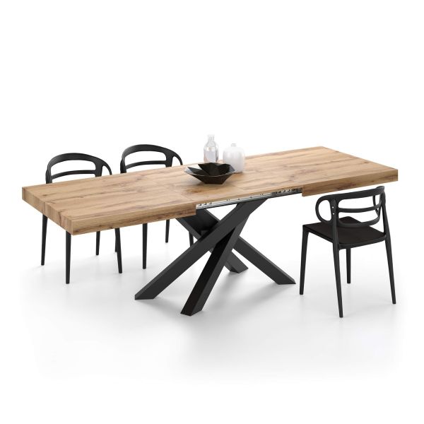 Emma 160 uitschuifbare tafel, rustiek eiken met zwarte kruispoten detailafbeelding 3