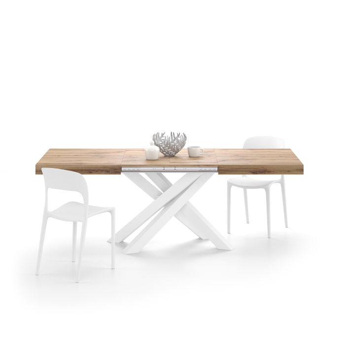 Table extensible Emma 140, Bois Rustique, avec pieds blancs croisés | Mobili Fiver