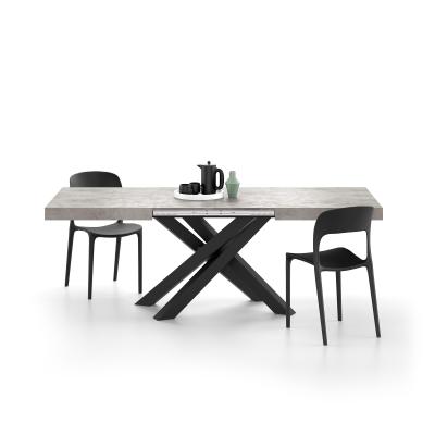 Ausziehbarer Tisch Emma 140, grauer Beton, mit schwarzen X-Beinen
