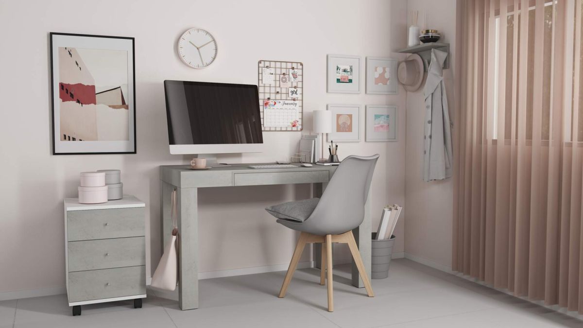 First desk with drawer, Concrete Effect, Grey set image 1
