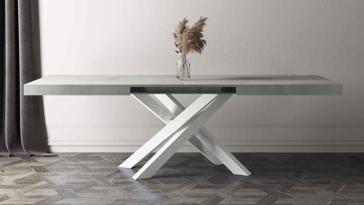 Emma 55.1 in, Extendable Dining Table, Concrete Grey with White Crossed Legs set image 3