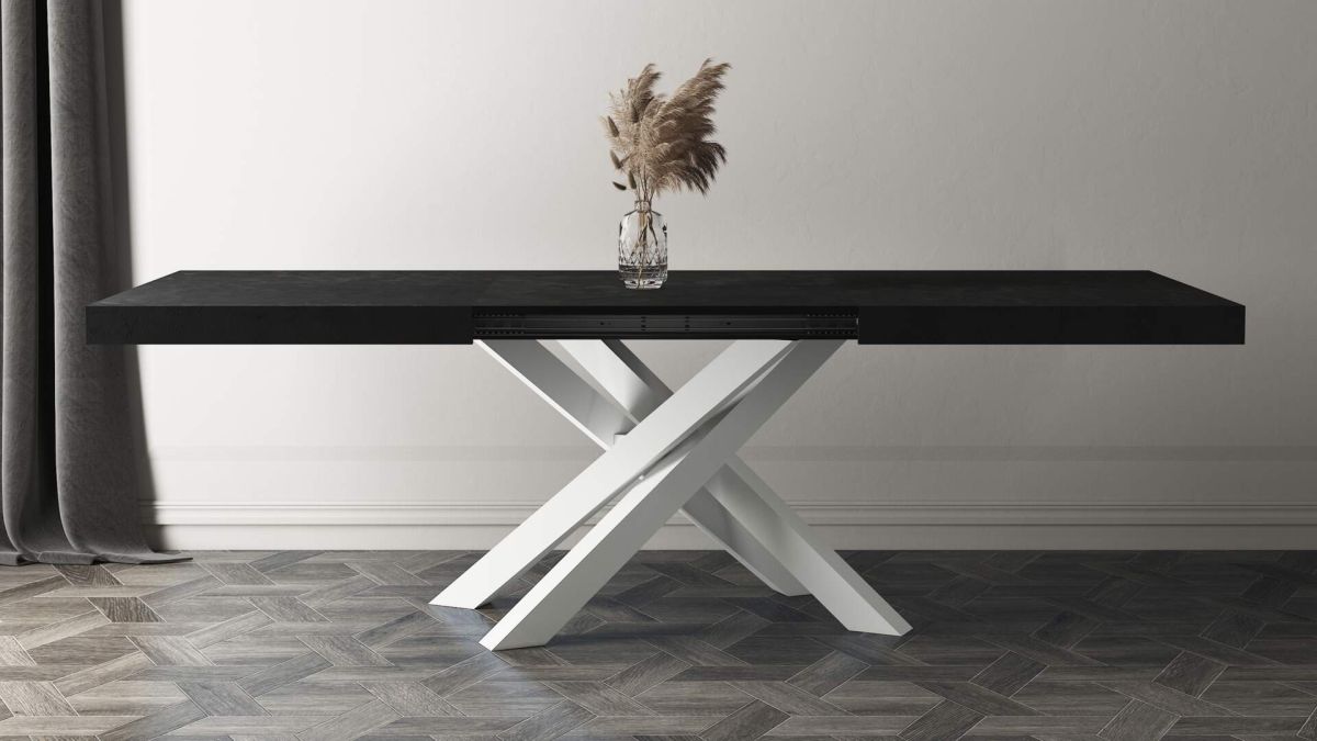 Emma 63 in, Extendable Dining Table, Concrete Black with White Crossed Legs set image 2