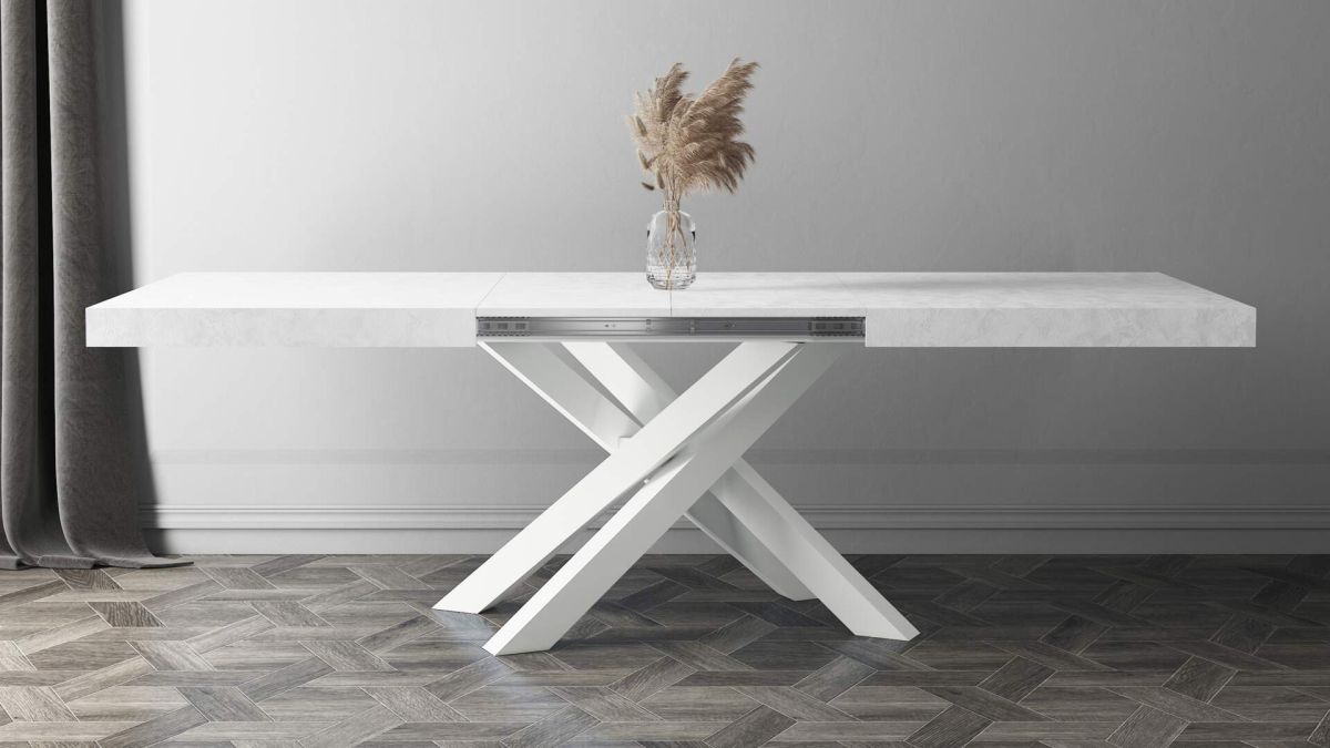 Emma 55.1 in, Extendable Dining Table, Concrete White with White Crossed Legs set image 3