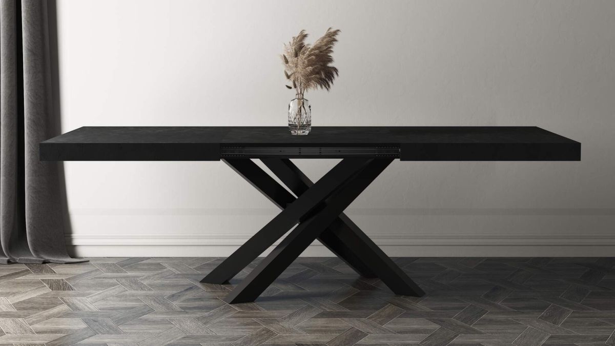 Emma 55.1 in, Extendable Dining Table, Concrete Black with Black Crossed Legs set image 1