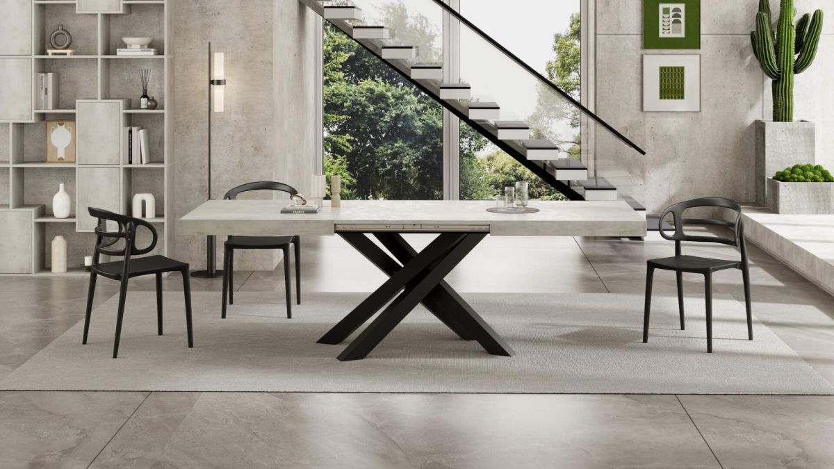 Emma 63 in, Extendable Dining Table, Concrete Grey with Black Crossed Legs set image 2