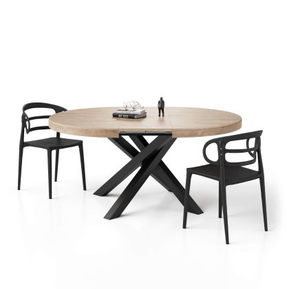 Emma Round Extendable Table, 47,2 - 63 in, Oak with Black crossed legs main image
