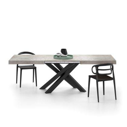 Emma 63 in, Extendable Dining Table, Concrete Grey with Black Crossed Legs