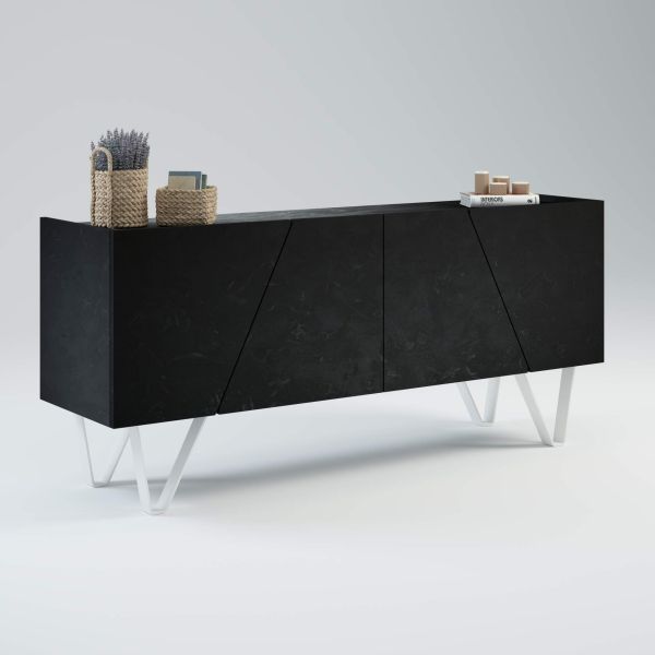 Emma 4-door Sideboard with white legs, Concrete Effect, Black detail image 1