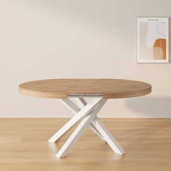 Emma Round Extendable Table, 47,2 - 63 in,Rustic Oak with White crossed legs set image 1