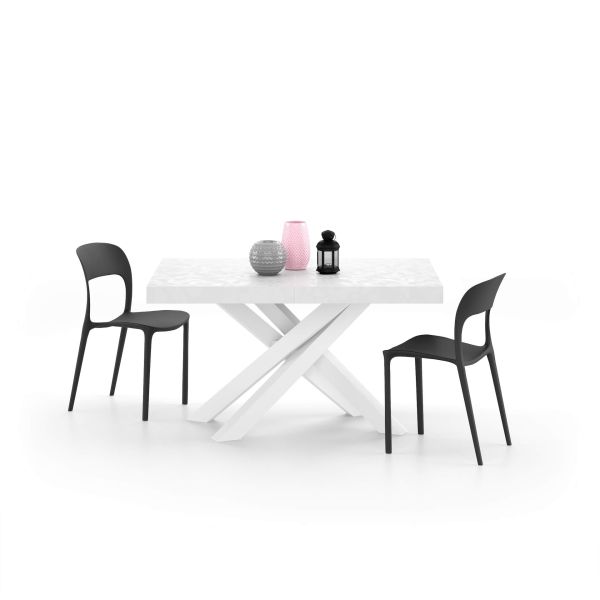 Emma 55.11 in Extendable Table, Concrete White Effect with White Crossed Legs detail image 2