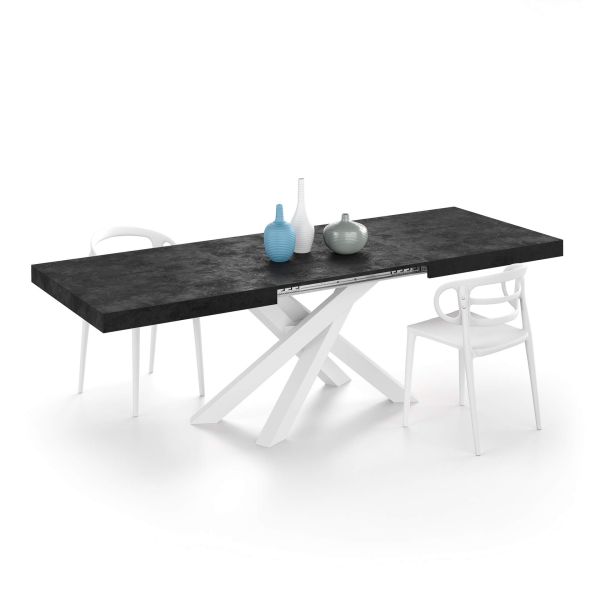 Emma 62.99 in Extendable Table, Concrete Black Effect with White Crossed Legs detail image 1