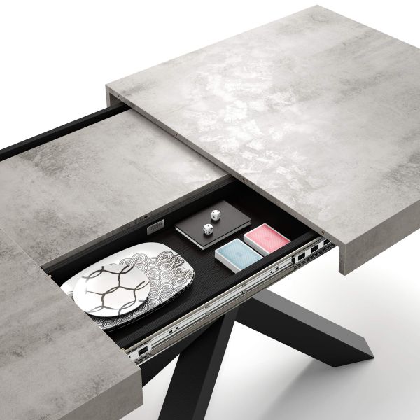 Emma 62.99 in Extendable Table, Concrete Grey Effect with Black Crossed Legs detail image 2