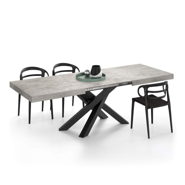 Emma 63 in, Extendable Dining Table, Concrete Grey with Black Crossed Legs detail image 1