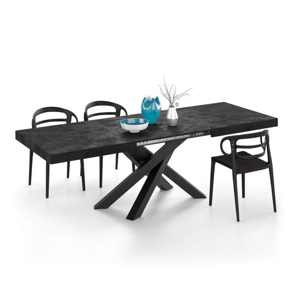 Emma 62.99 in Extendable Table, Concrete Black Effect with Black Crossed Legs detail image 1