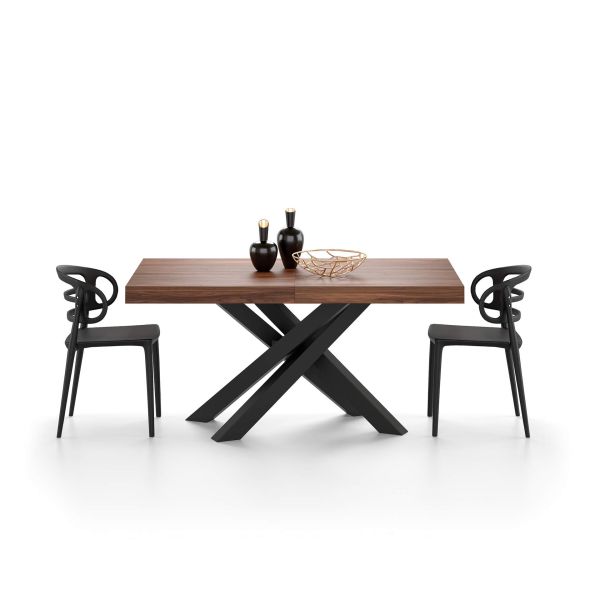 Emma 63 in, Extendable Dining Table, Walnut with Black Crossed Legs detail image 2