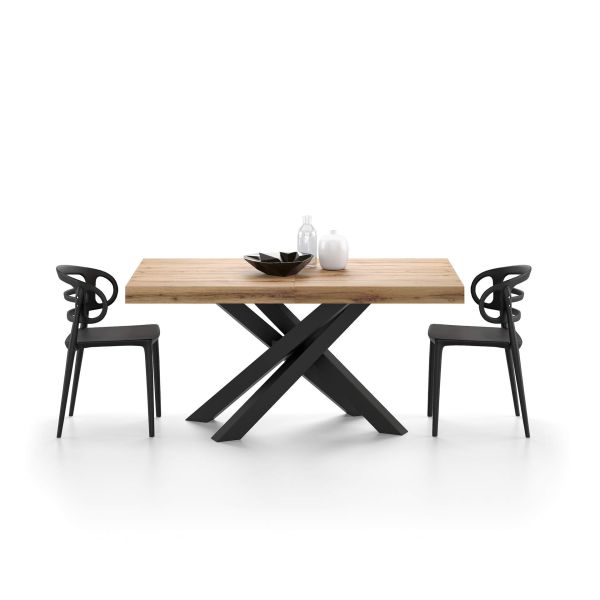 Emma 63 in, Extendable Dining Table, Rustic Oak with Black Crossed Legs detail image 2